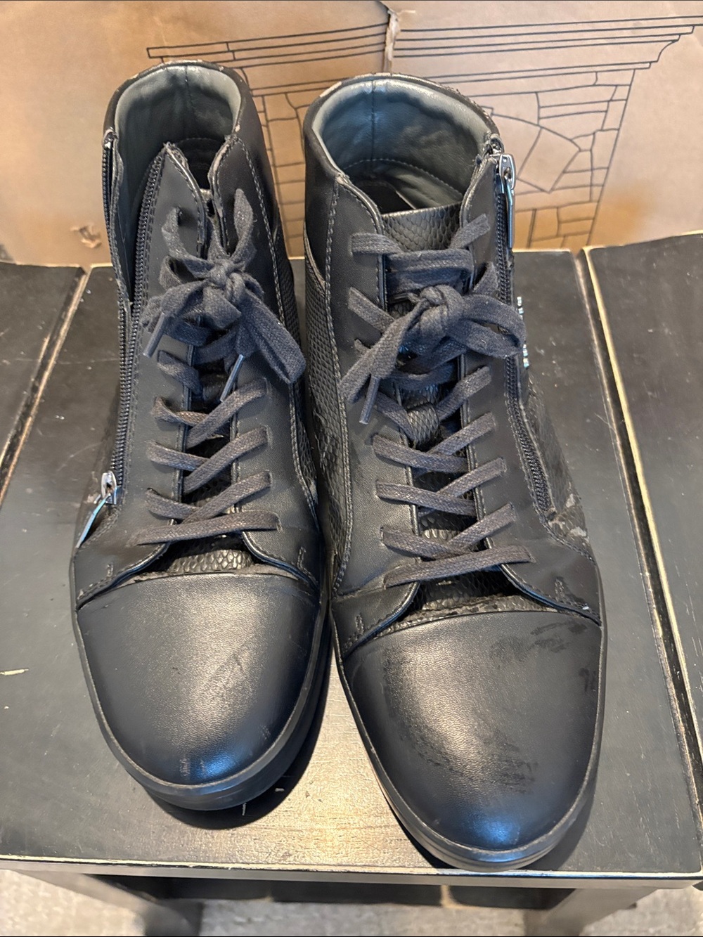 Calvin Klein Black High-Top Leather Lace-Up Sneakers with Side Zips